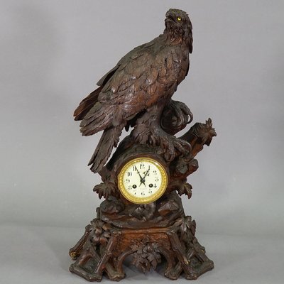 Antique Swiss Wooden Mantel Clock with Eagle, 1900s-KJP-1149441