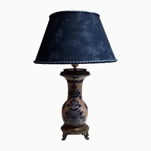 Antique Table Lamp with Beige-Blue Ceramic Foot, 1890s-HOI-1769007