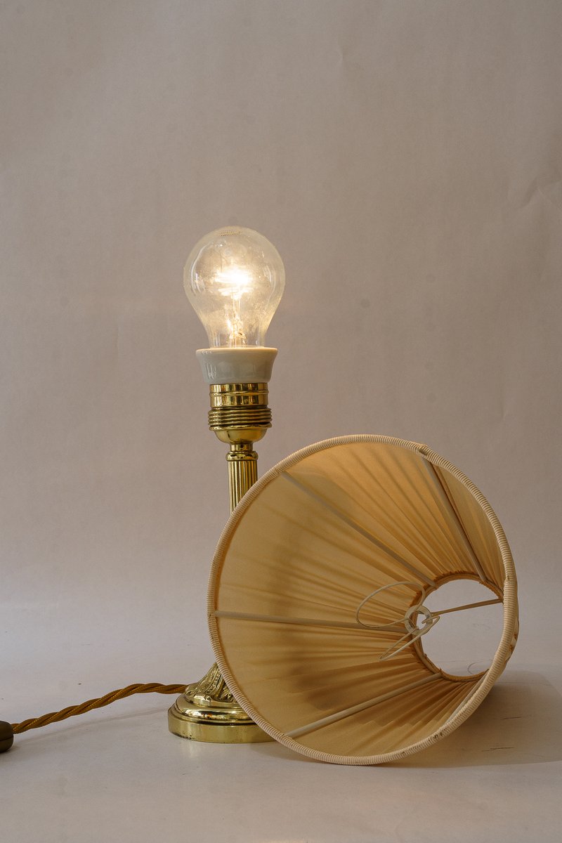 Antique Table Lamp with Fabric Shade, 1890s