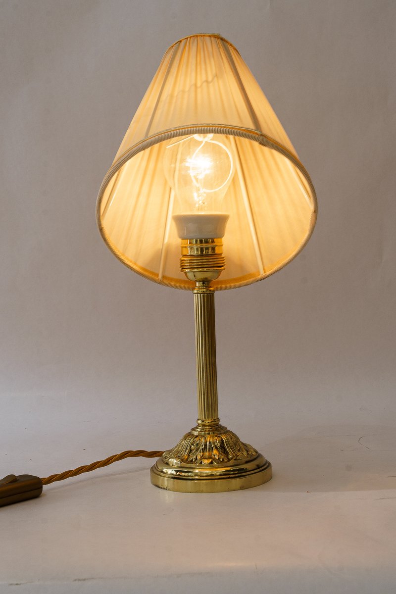 Antique Table Lamp with Fabric Shade, 1890s