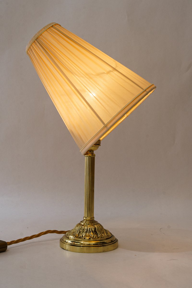 Antique Table Lamp with Fabric Shade, 1890s