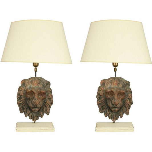 Antique Table Lamps with Terracotta Lion Masks, Set of 2