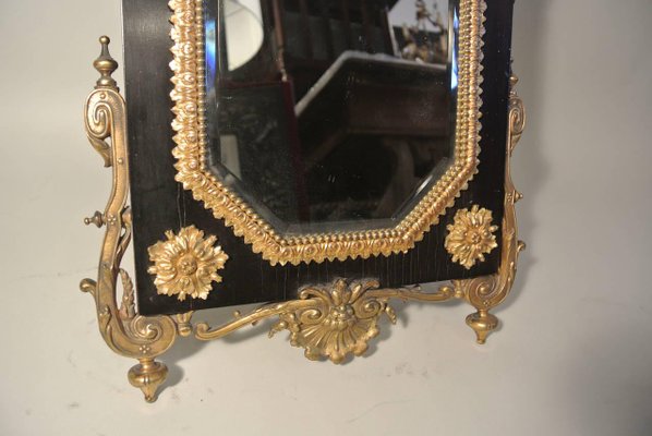 Antique Table Mirror Ormolu on Ebony, Beveled Mirror & Gilded Bronze-WFS-744782