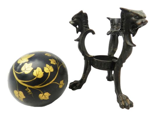 Antique Tripod Bronze Stands with Chimera and Marble Balls with Painted Ivy, Set of 2-ARU-626038