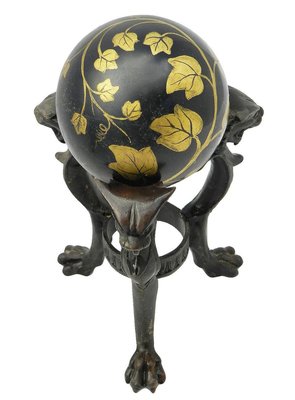 Antique Tripod Bronze Stands with Chimera and Marble Balls with Painted Ivy, Set of 2-ARU-626038