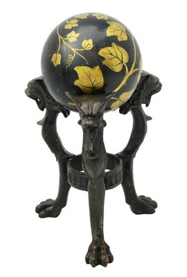 Antique Tripod Bronze Stands with Chimera and Marble Balls with Painted Ivy, Set of 2-ARU-626038