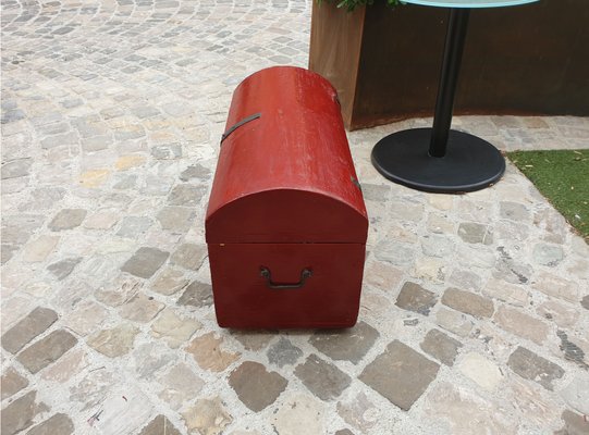 Antique Trunk in Painted Fir Wood with Bombed Slatted Cover and Original Hardware-ZFY-1335373