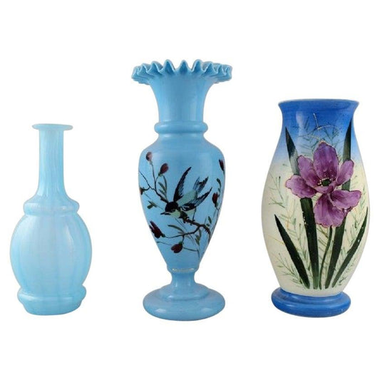 Antique Vases in Hand-Painted Mouth-Blown Opal Art Glass in Shades of Blue, Set of 3