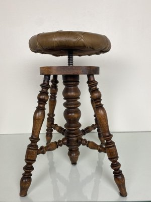 Antique Victorian Adjustable Piano Stool with Patchwork Leather Seat-WZZ-1017168