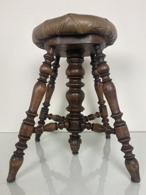 Antique Victorian Adjustable Piano Stool with Patchwork Leather Seat-WZZ-1017168