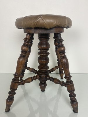 Antique Victorian Adjustable Piano Stool with Patchwork Leather Seat-WZZ-1017168