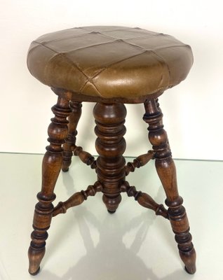 Antique Victorian Adjustable Piano Stool with Patchwork Leather Seat-WZZ-1017168