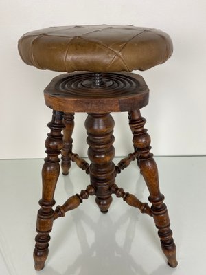 Antique Victorian Adjustable Piano Stool with Patchwork Leather Seat-WZZ-1017168