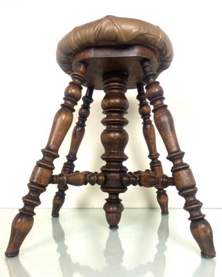 Antique Victorian Adjustable Piano Stool with Patchwork Leather Seat-WZZ-1017168