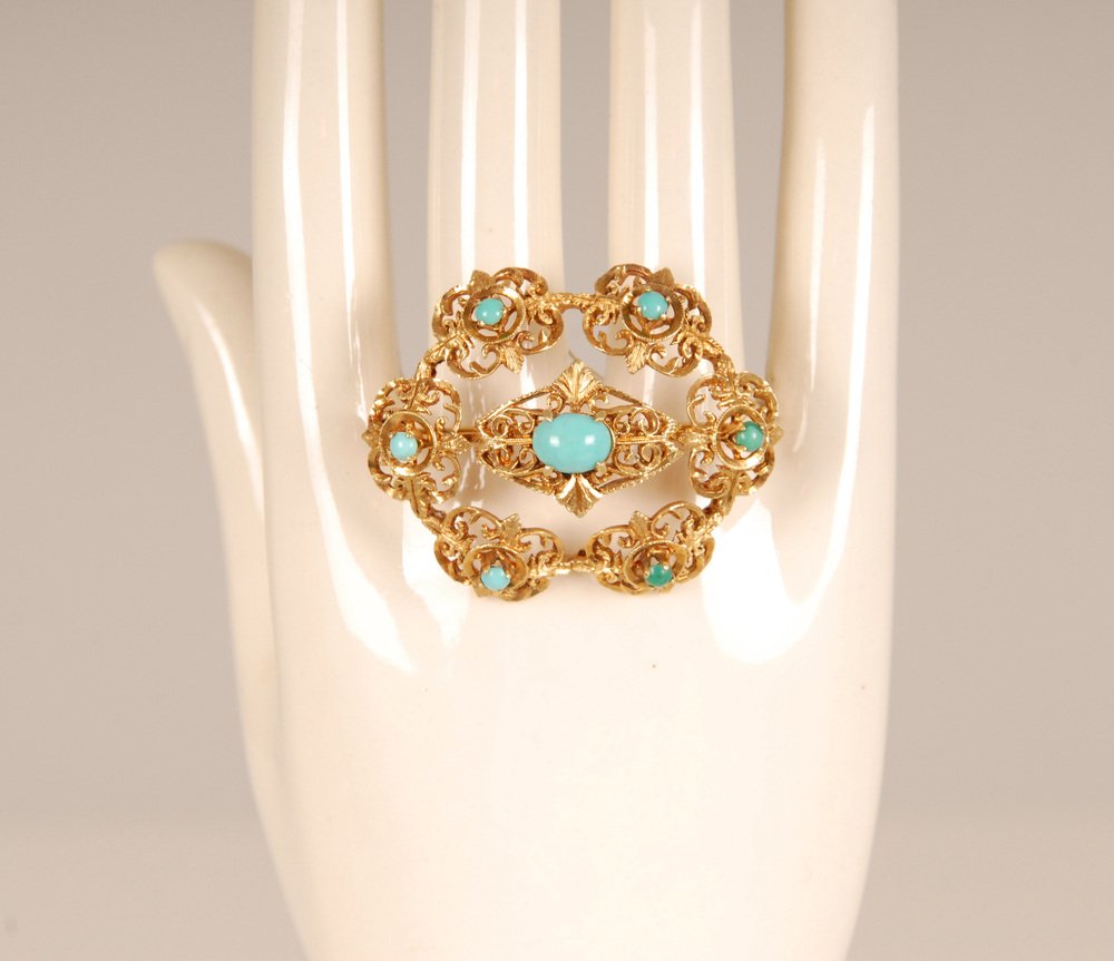 Antique Victorian Yellow Gold & Turquoise Brooch