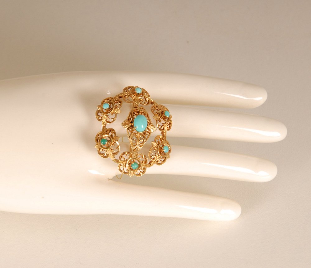 Antique Victorian Yellow Gold & Turquoise Brooch