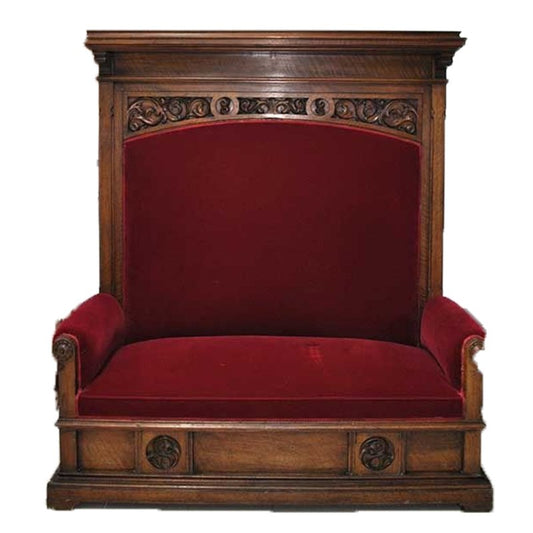 Antique Walnut Bench with Red Velvet Upholstery