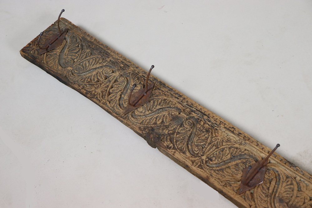 Antique Wood Handcarved Wall Coat Rack, 1890s