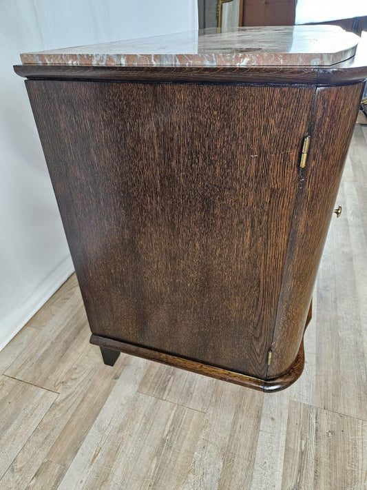 Antique Wooden Chest of Drawers with Red Veined Marble Top and Brass Knobs, 1950