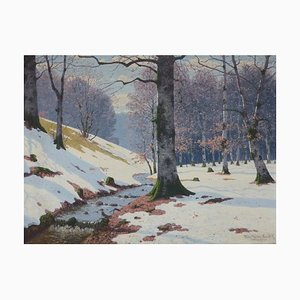 Antique Wooden River in Birch Forest Painting by Fritz Müller-Landeck-EXJ-627652