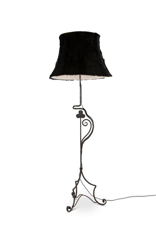 Antique Wrought Iron Floor Lamp with Fur Shade