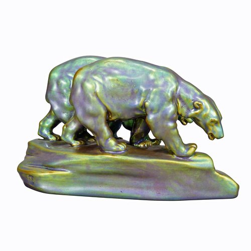 Antique Zsolnay Pecs Polar Bears Sculpture, 1930s