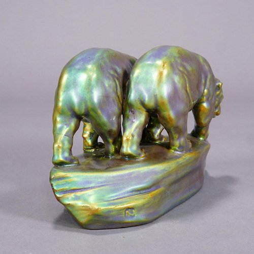 Antique Zsolnay Pecs Polar Bears Sculpture, 1930s