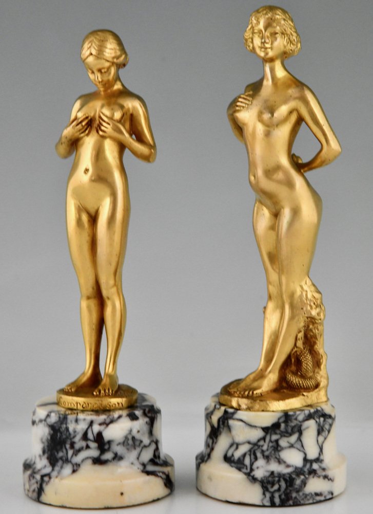 Antoine Bofill, Art Nouveau Nude Sculptures, 1905, Bronzes on Marble Bases, Set of 2