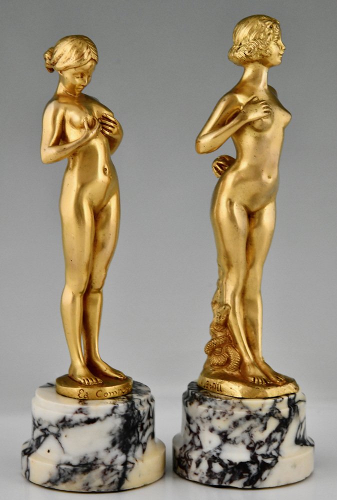 Antoine Bofill, Art Nouveau Nude Sculptures, 1905, Bronzes on Marble Bases, Set of 2