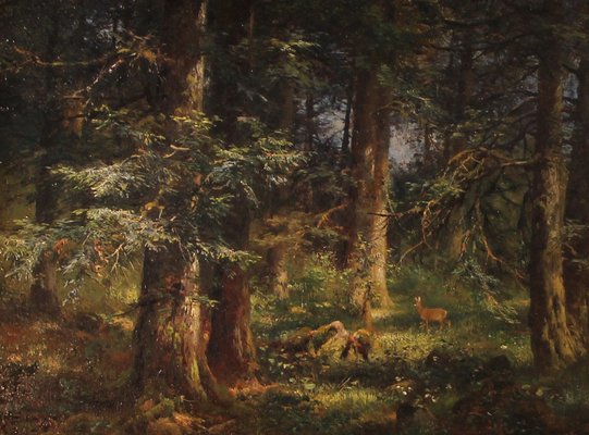 Anton Heinrich Dieffenbach, Deer in the Fir Forest, 1891, Oil on Wood, Framed-ZZV-1818390