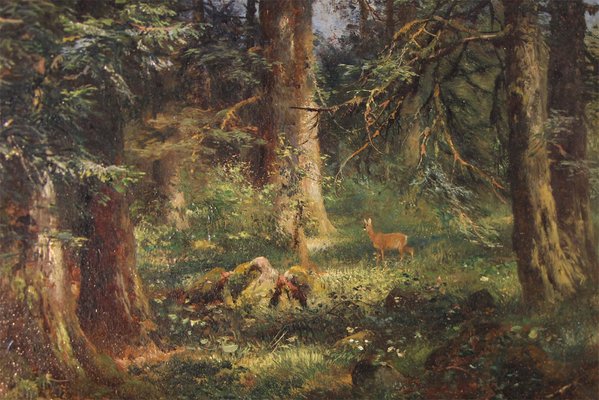 Anton Heinrich Dieffenbach, Deer in the Fir Forest, 1891, Oil on Wood, Framed-ZZV-1818390