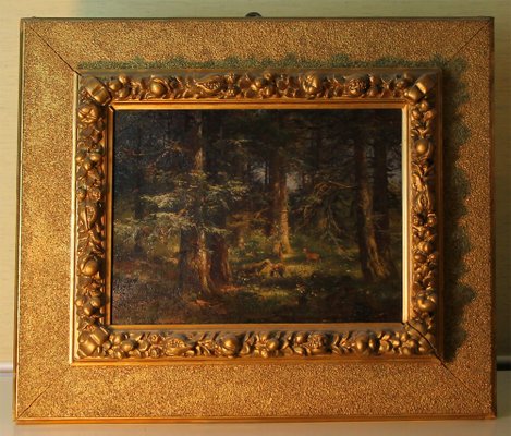 Anton Heinrich Dieffenbach, Deer in the Fir Forest, 1891, Oil on Wood, Framed-ZZV-1818390