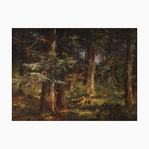 Anton Heinrich Dieffenbach, Deer in the Fir Forest, 1891, Oil on Wood, Framed-ZZV-1818390