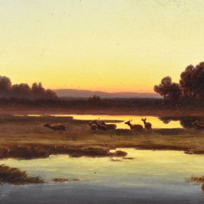 Anton Zwengauer, Landscape at Sunset with Deer, 19th Century, Oil on Canvas, Framed-YVI-1811591