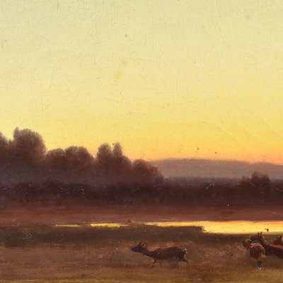 Anton Zwengauer, Landscape at Sunset with Deer, 19th Century, Oil on Canvas, Framed-YVI-1811591