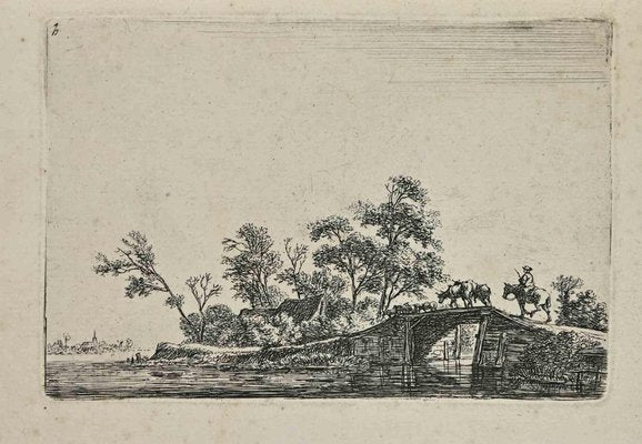 Antonie Waterloo, Shepherd with Cattle on a Wooden Bridge, 17th Century, Etching-ZCI-2029069