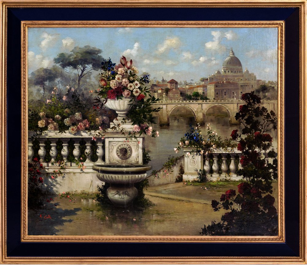 Antonio Celli, Luxuriant Garden Overlooking St. Peter's Basilica, Oil on Canvas, 2000s, Framed