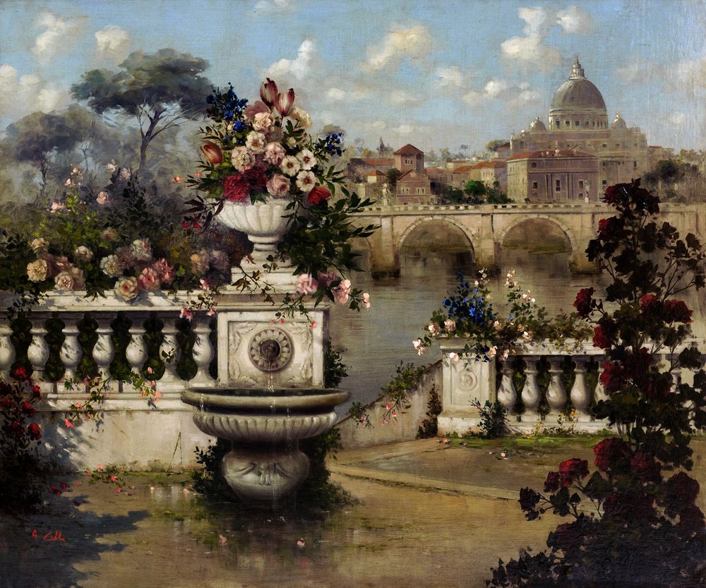 Antonio Celli, Luxuriant Garden Overlooking St. Peter's Basilica, Oil on Canvas, 2000s, Framed