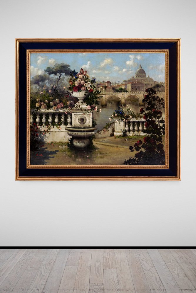 Antonio Celli, Luxuriant Garden Overlooking St. Peter's Basilica, Oil on Canvas, 2000s, Framed