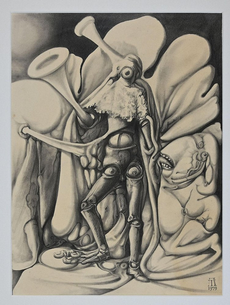 Antonio De Totero, Fantastic Figure, Pencil and Charcoal, 1979