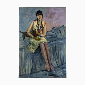 Antonio Feltrinelli, Girl with Dog, Original Painting on Canvas, 1929-ZCI-1379495