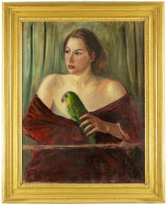 Antonio Feltrinelli, Woman with Parrot, Oil on Canvas, 1930s, Framed-ZCI-1769969