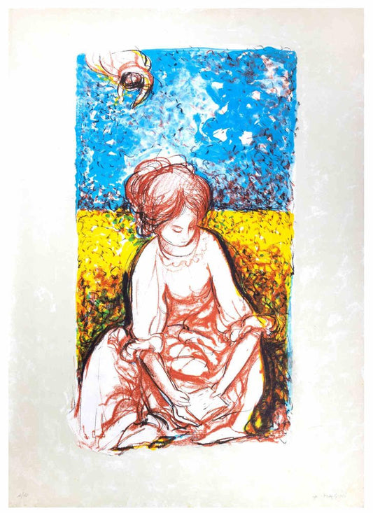 Antonio Masini, Reading Girl in Wheat Field, Lithograph, 1970s