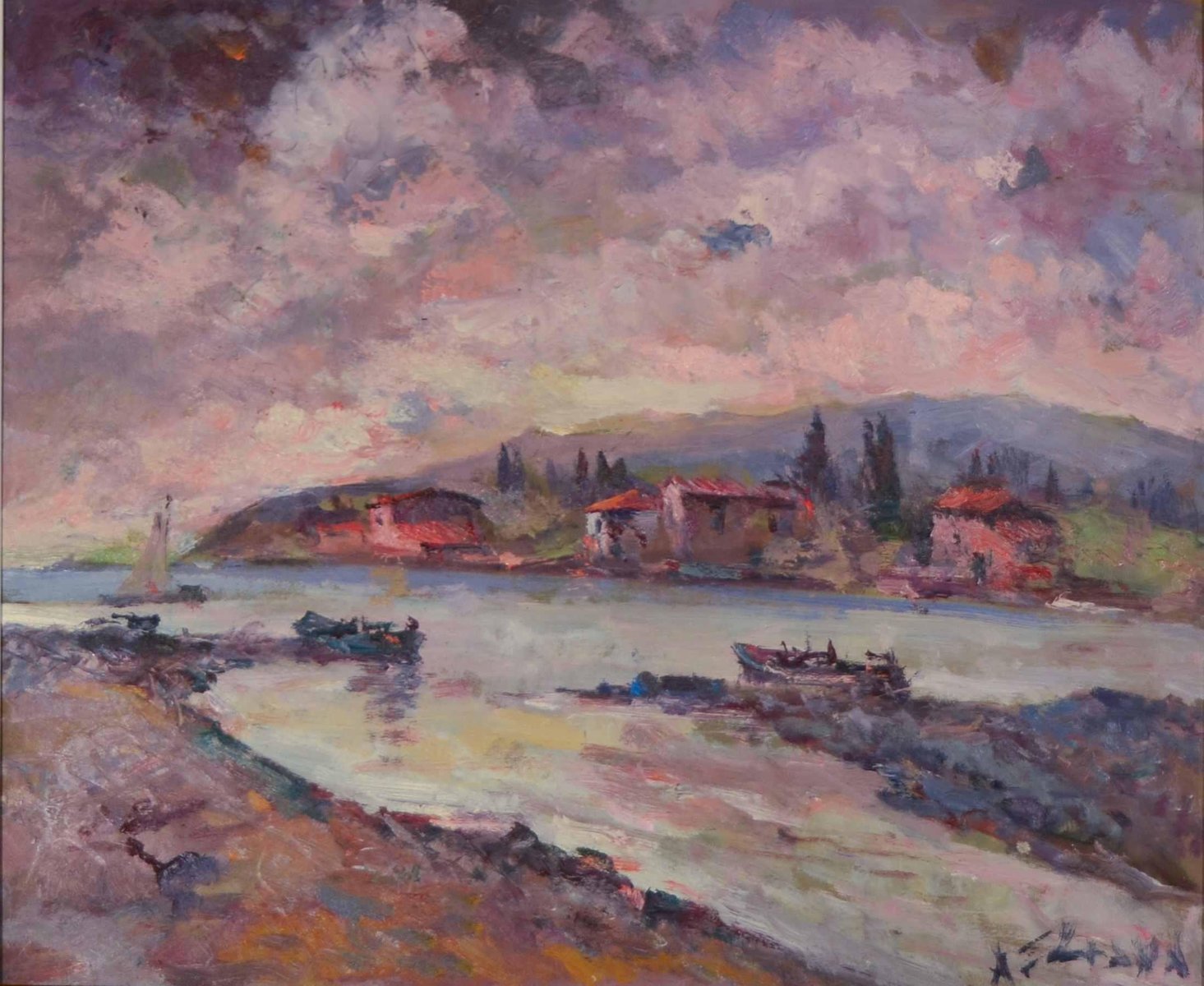 Antonio Sbrana, Evening in Maremma Along the Coast, Oil on Panel