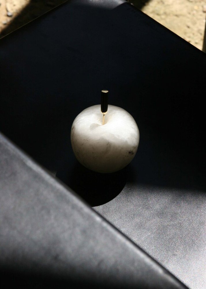 Apl Apple Sculpture of Alabaster and Brass by Edouard Sankowski for Krzywda With Polished Natural Brass and White Translucent Alabaster