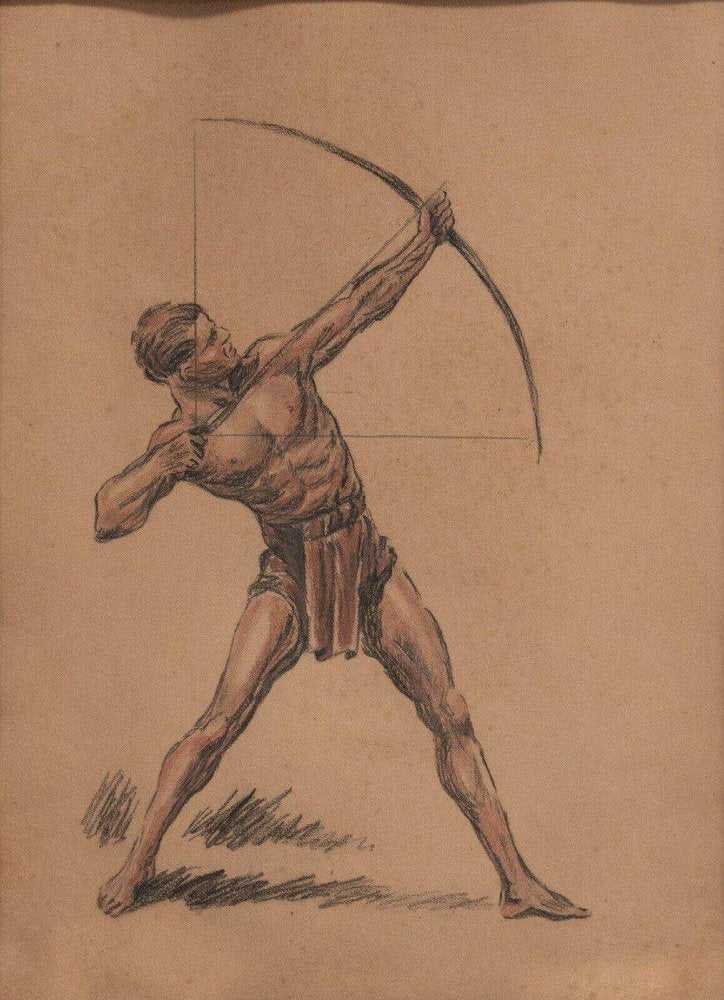 Archer, 1930s, Charcoal & Sanguine Drawing, Framed