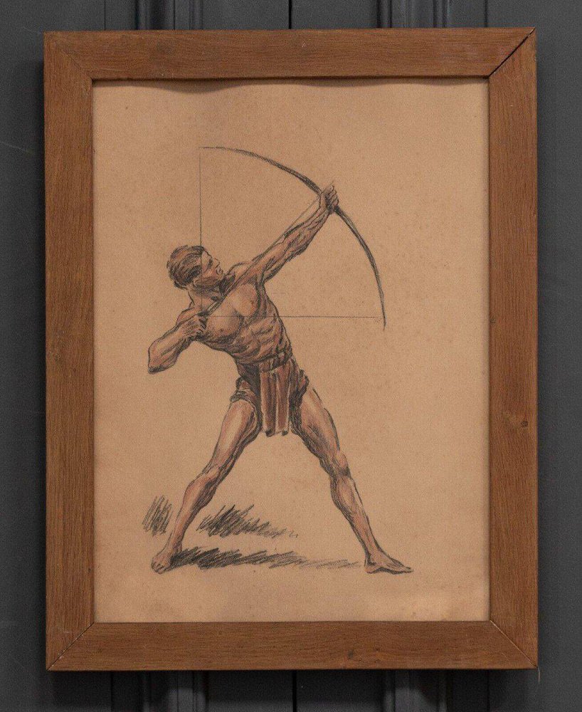 Archer, 1930s, Charcoal & Sanguine Drawing, Framed-QKG-1738414