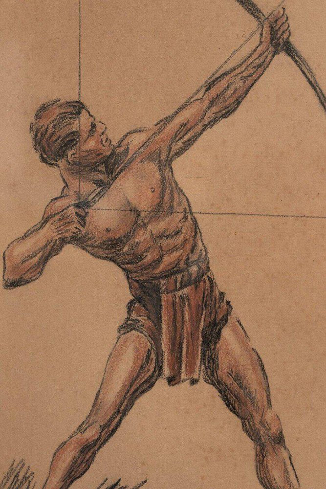 Archer, 1930s, Charcoal & Sanguine Drawing, Framed-QKG-1738414