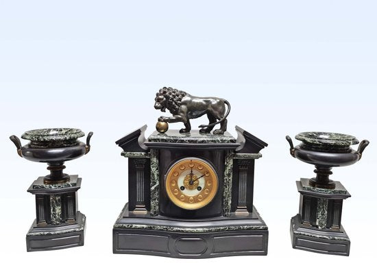 Architectural Clock Depicting Medici Lion & Cassolettes in Bronze, Set of 3-AWH-934787