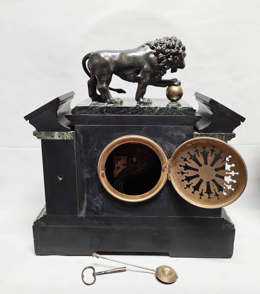 Architectural Clock Depicting Medici Lion & Cassolettes in Bronze, Set of 3